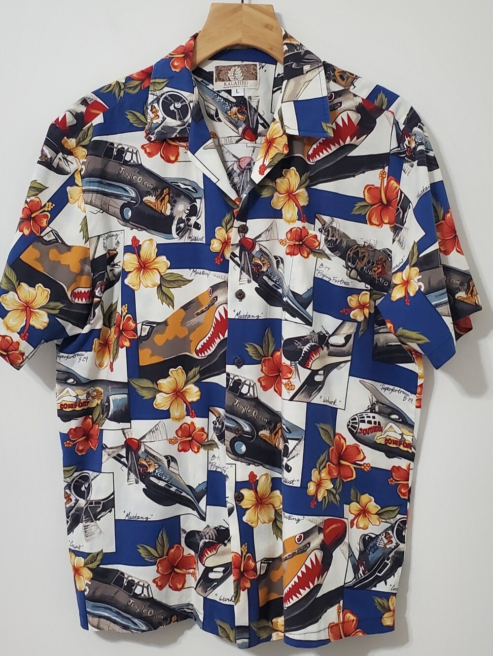 Kalaheo Vintage 90s Hawaiian Shirt Airplane Pin-Up Girl Large